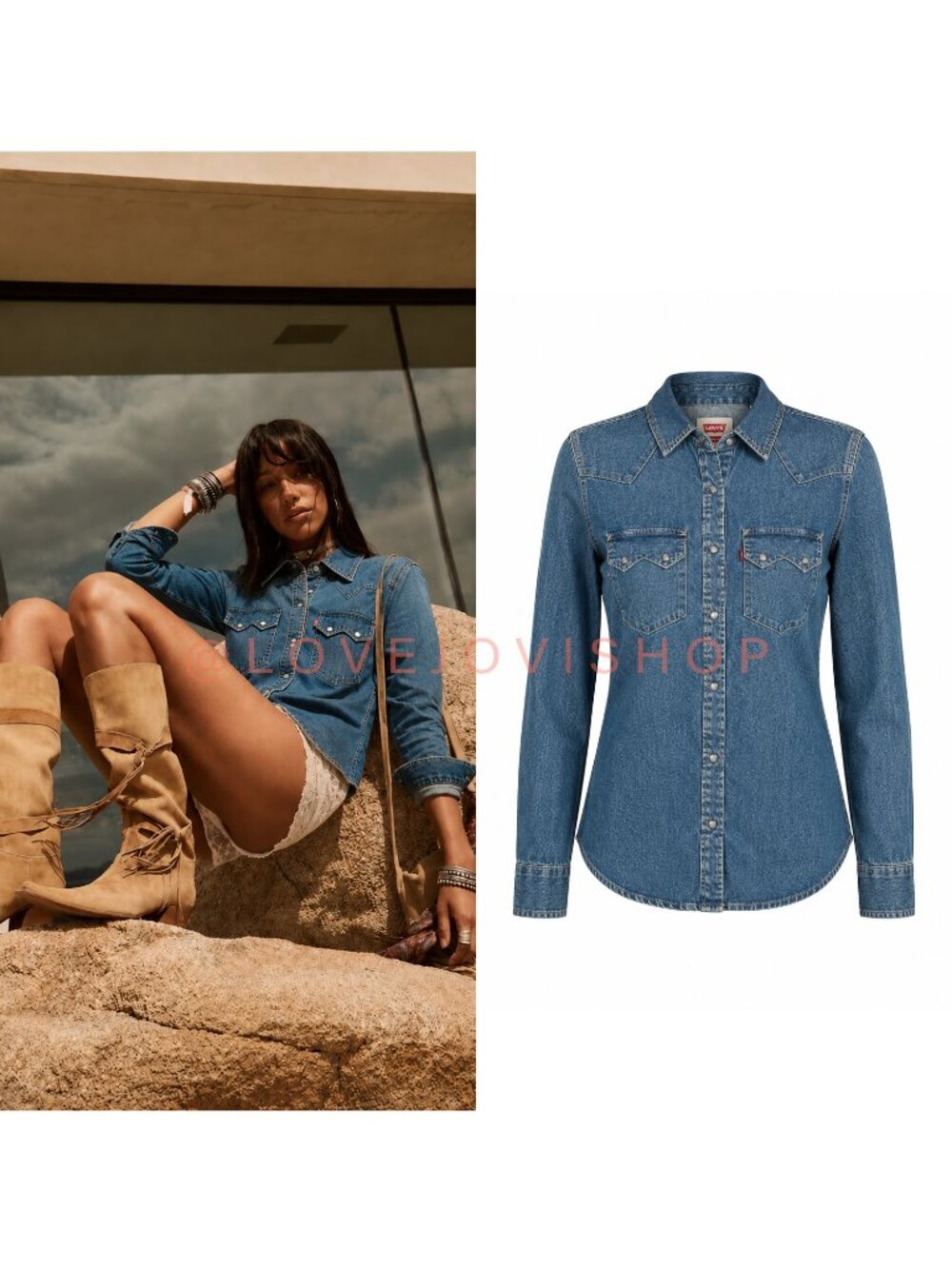 Boho Western | Levi's Yoke Denim Shirt | Bronze Swirl Snap Button | Medium Wash